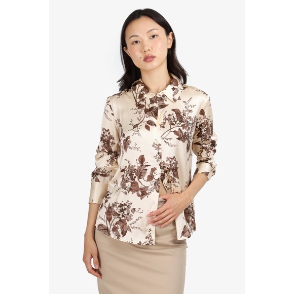 REFORMATION Silk Floral Print Blouse Top Buttondown Cream Brown Chic Large